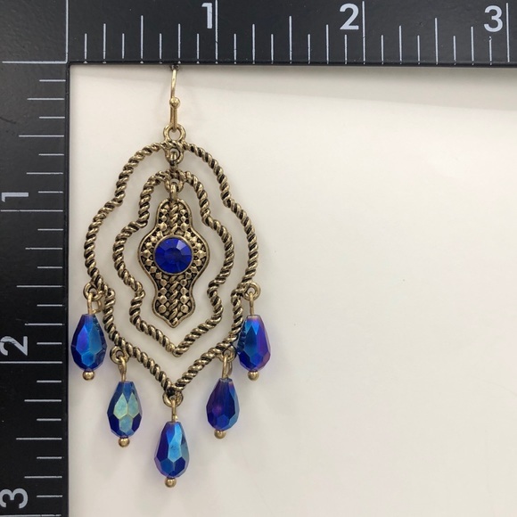 🌼 Open Moroccan Style Swing Gold Blue Dangle Earrings - Picture 2 of 3